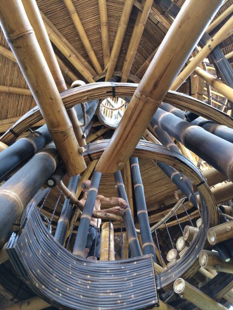 Looking up, Rudiger, a sound architect, artist and musician, is assembling his "strings on bamboo" creation - truly fascinating.