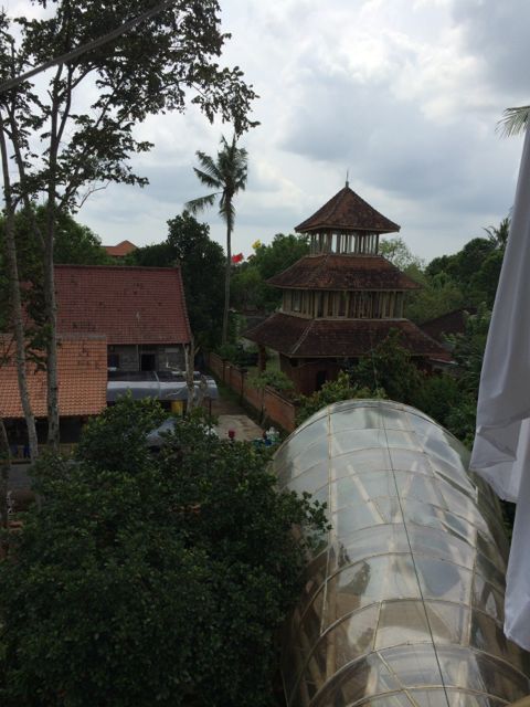 Looking down over that modern conical entrance back to the Balinese gate and house in front.