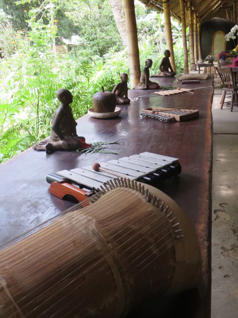 Beautiful musical instruments on a gorgeous wood table in the dining area.
