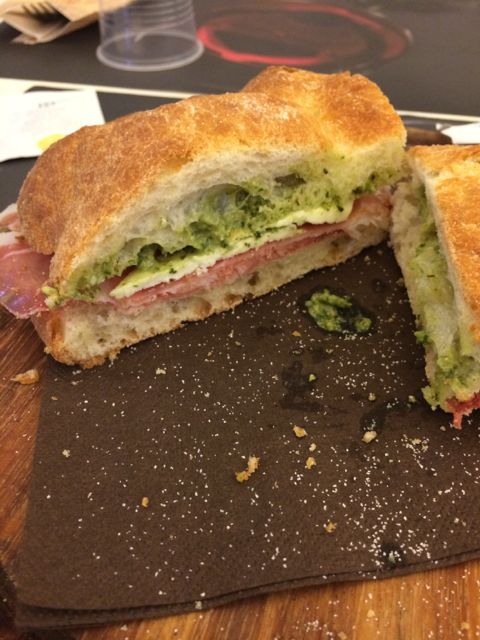Proscuitto and pecorino with pesto on schiacciata bread. Molto Buono!