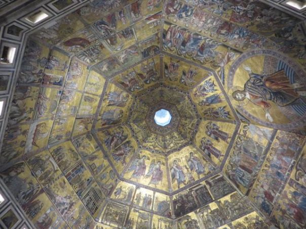 Straight up at the gold ceiling.