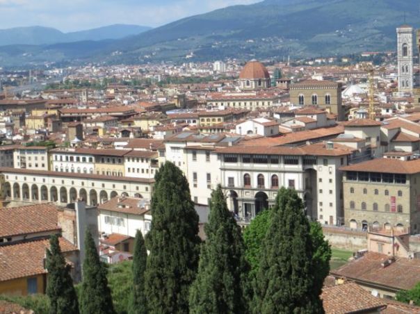 The Ufizzi, across the Arno, with the mountains in the background.  